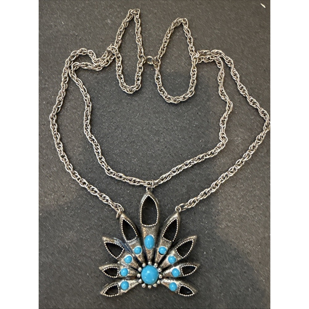Vintage Silver Tone Faux Turquoise Large Pendant Statement Necklace ~22"